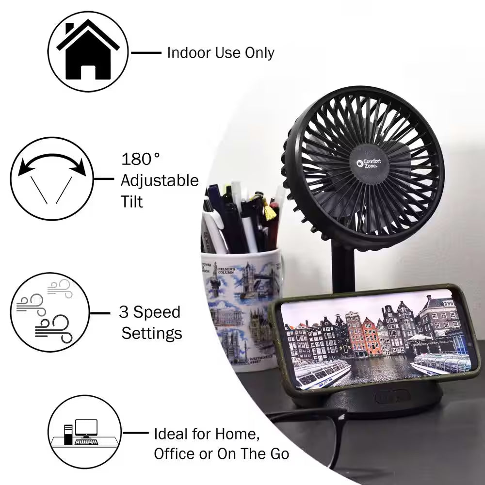 4 In. 3-Speed Personal Fan with Phone Charger