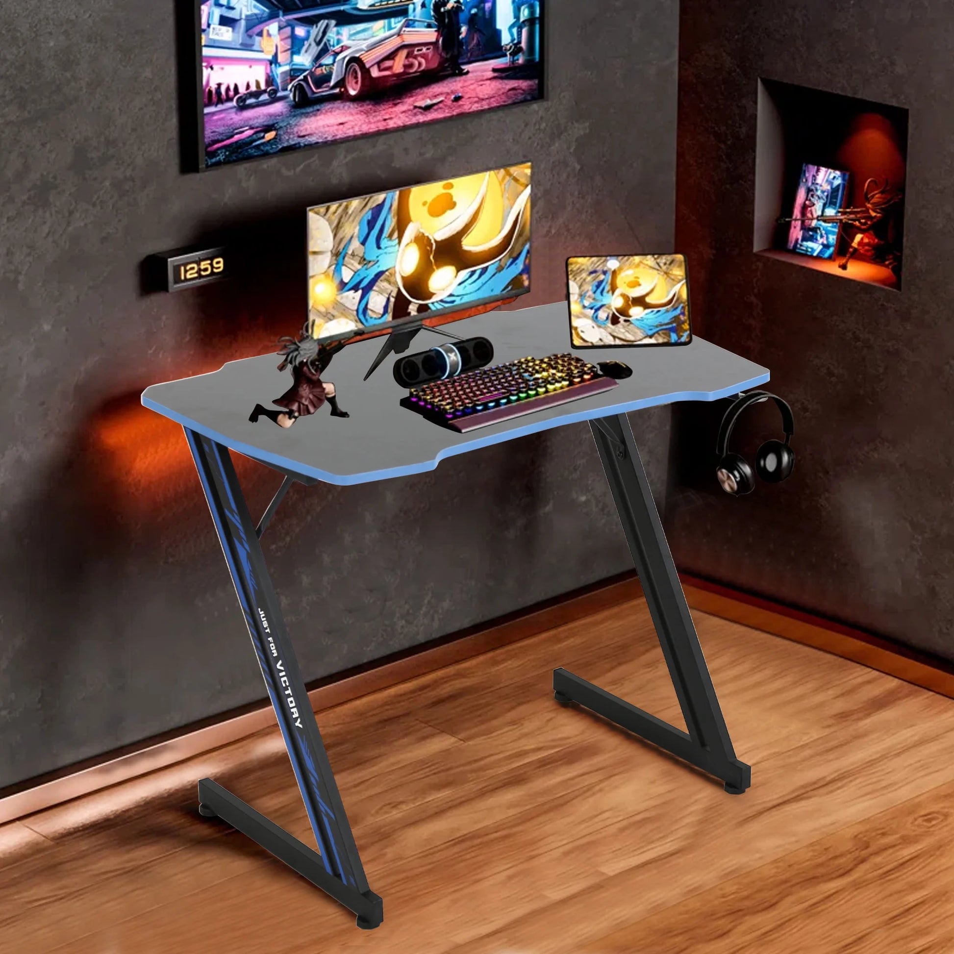 47 Inch Gamaing Desk Z Shaped Gaming Workstation Ergonomic Gaming Table PC Computer Desk with Headphone Hook, Blue