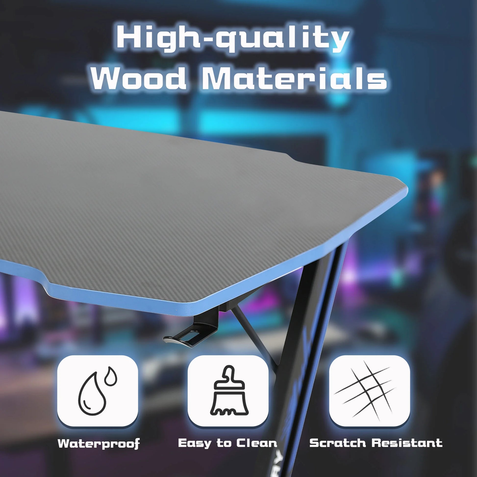 47 Inch Gamaing Desk Z Shaped Gaming Workstation Ergonomic Gaming Table PC Computer Desk with Headphone Hook, Blue