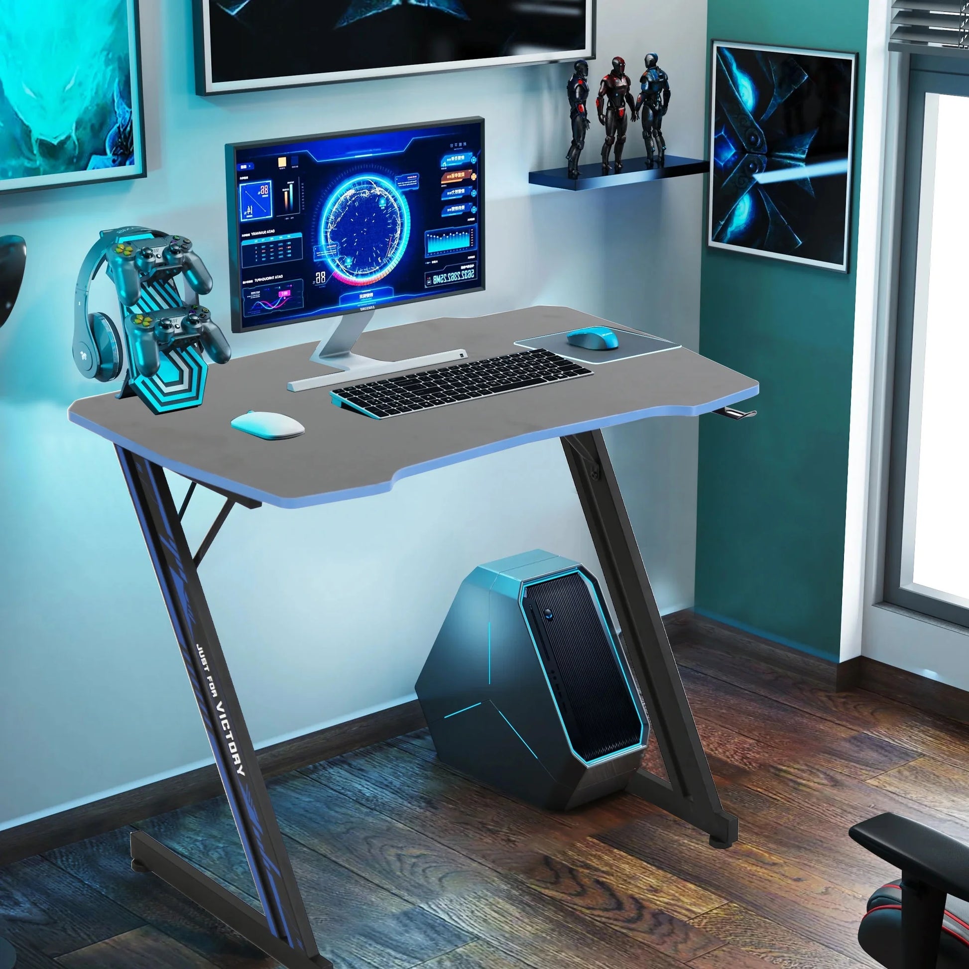 47 Inch Gamaing Desk Z Shaped Gaming Workstation Ergonomic Gaming Table PC Computer Desk with Headphone Hook, Blue