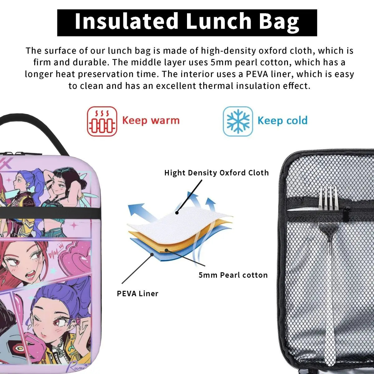 Huntrix Girlgroup K-Pop Group Demon Hunters Lunch Bag Cute Lunch Box for Child Office Portable Cooler Bag Oxford Tote Food Bags