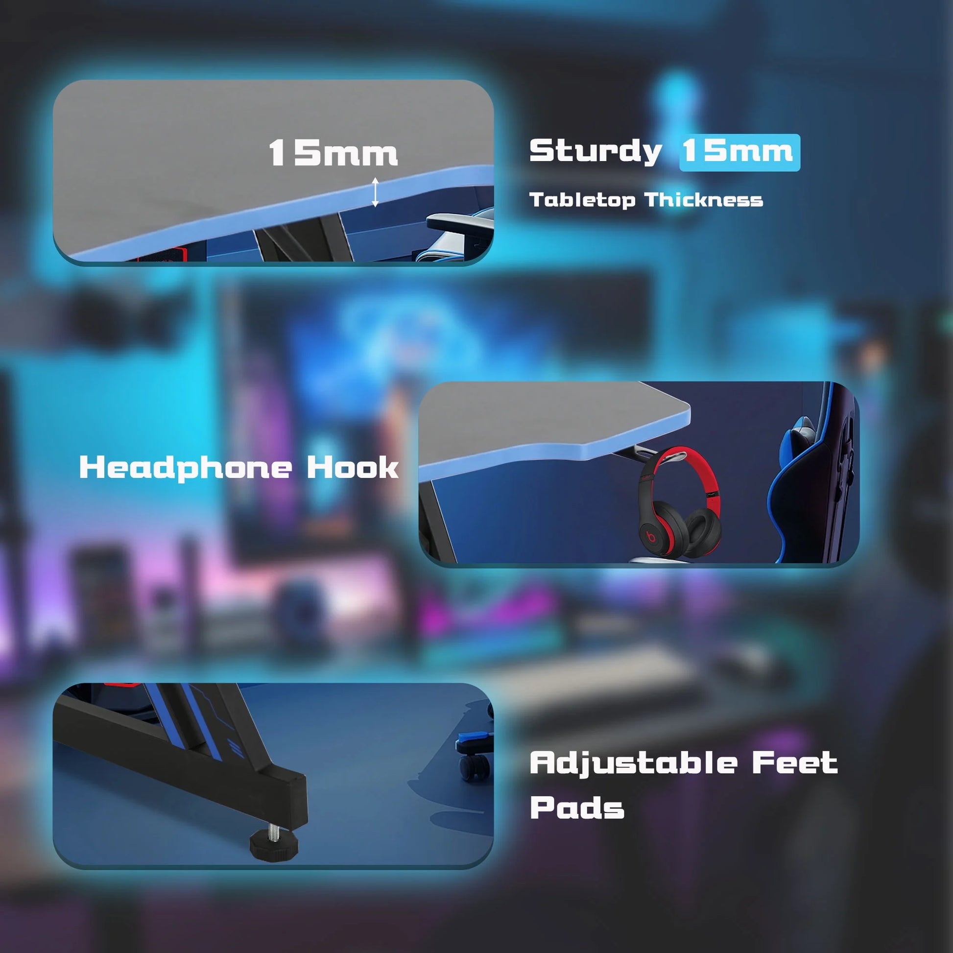 47 Inch Gamaing Desk Z Shaped Gaming Workstation Ergonomic Gaming Table PC Computer Desk with Headphone Hook, Blue