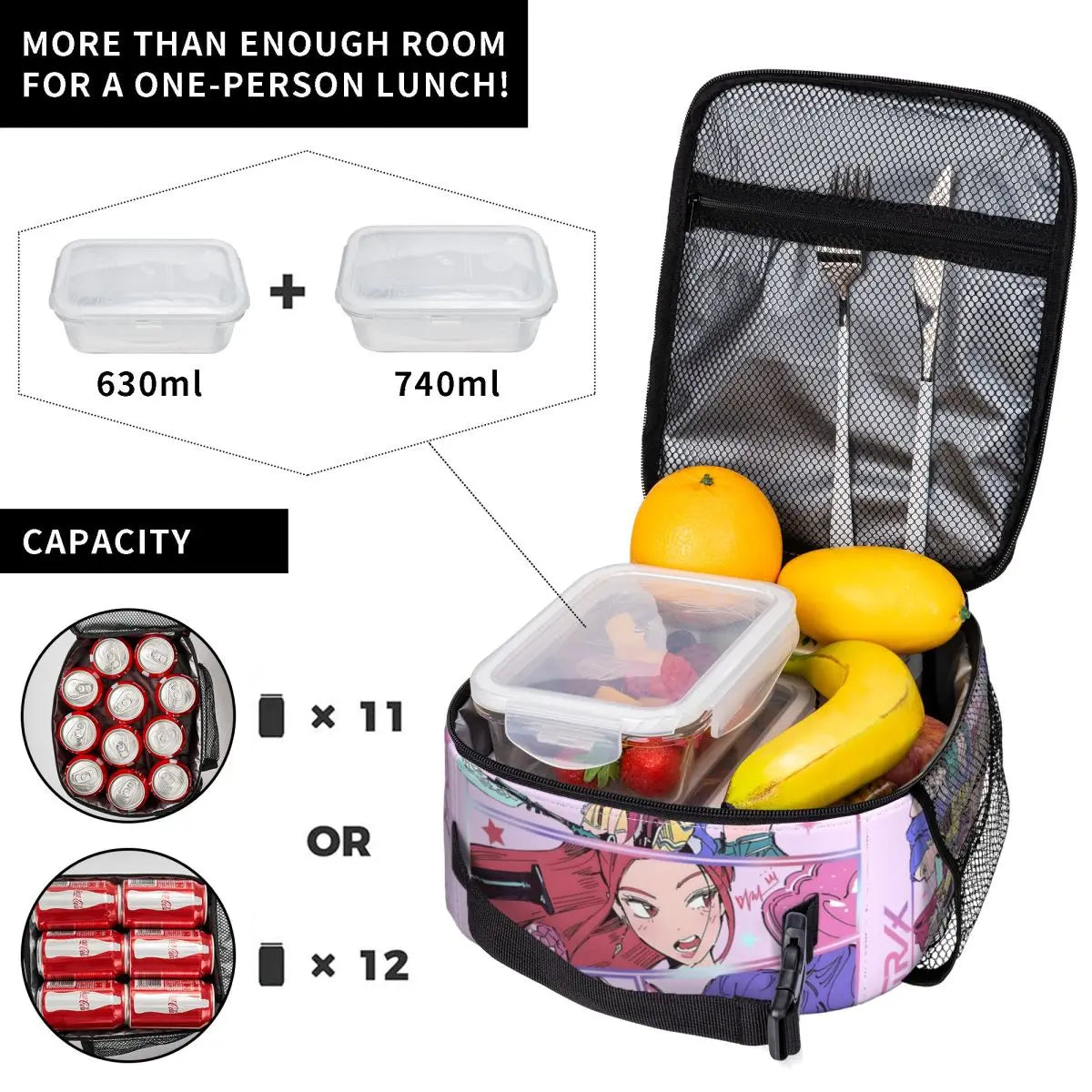 Huntrix Girlgroup K-Pop Group Demon Hunters Lunch Bag Cute Lunch Box for Child Office Portable Cooler Bag Oxford Tote Food Bags
