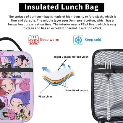 Huntrix Girlgroup K-Pop Group Demon Hunters Lunch Bag Cute Lunch Box for Child Office Portable Cooler Bag Oxford Tote Food Bags